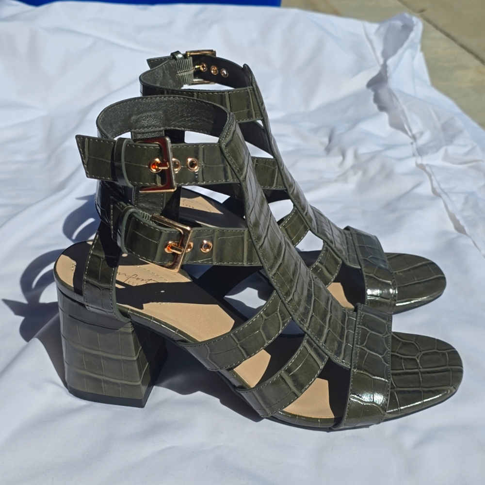 Croc-Embossed Strappy Block Heel Sandals - Olive Green